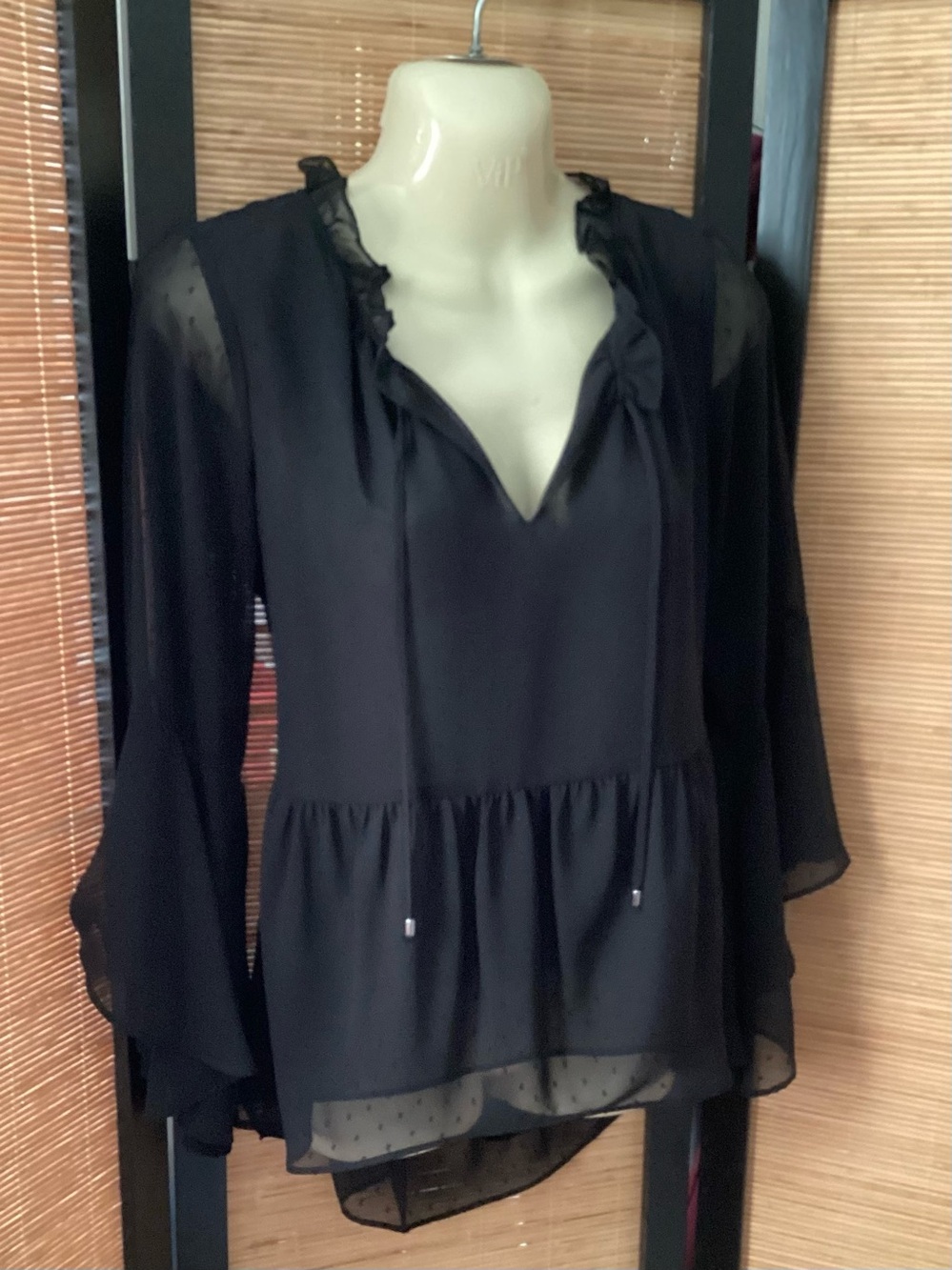 NWOT White House Black Market sheer blouse Sz 8 black bell sleeves Swiss dot